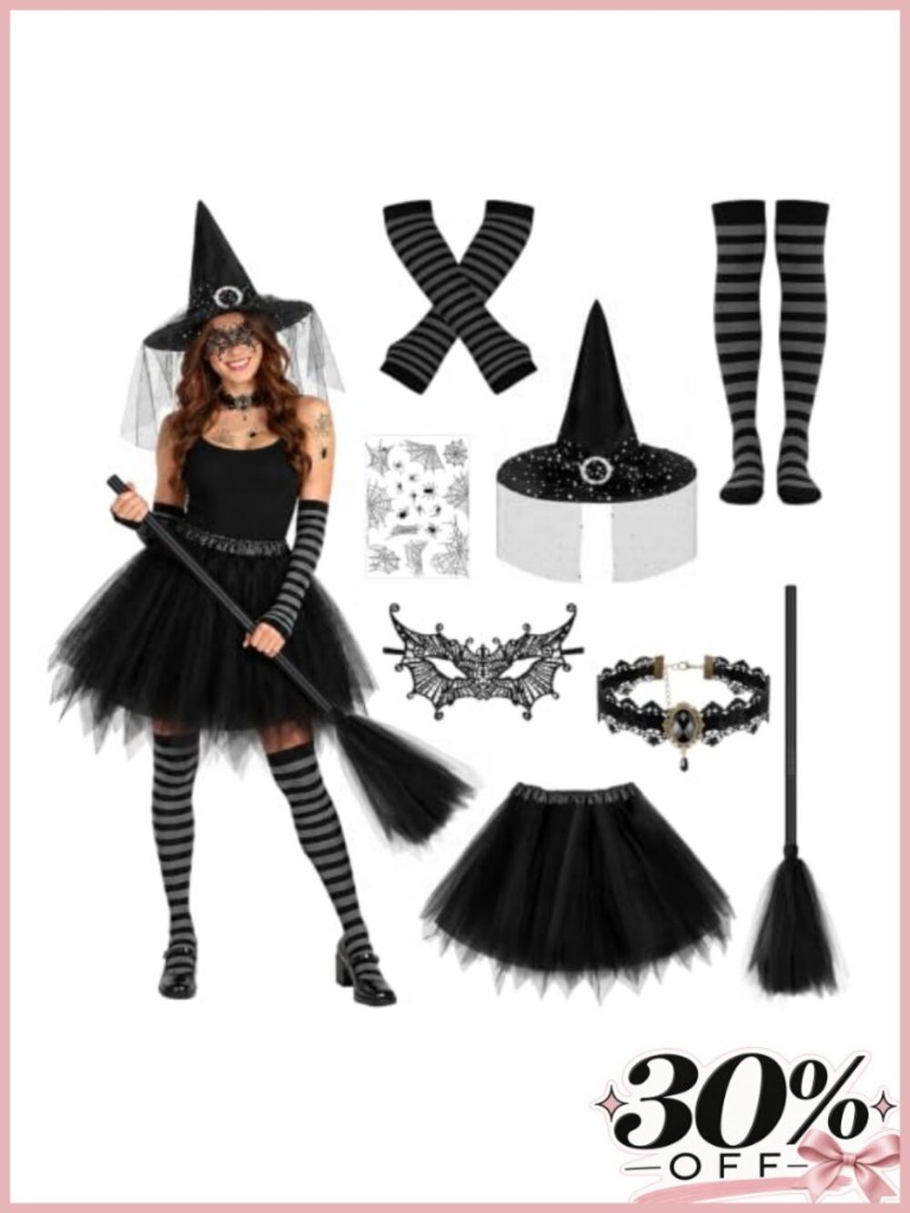 Yotako 8 PCS Witch Costume Set Hat Tutu Broom Socks Gloves Halloween